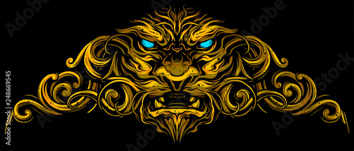 Graphic detailed decorative golden lion head with ornate. On black background. Vector icon.