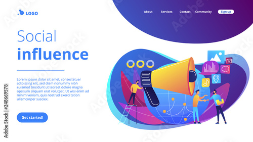 Marketing specialist with loudspeaker influence businessmen and globe. Macromarketing, social influence, global marketing strategy concept. Website vibrant violet landing web page template.