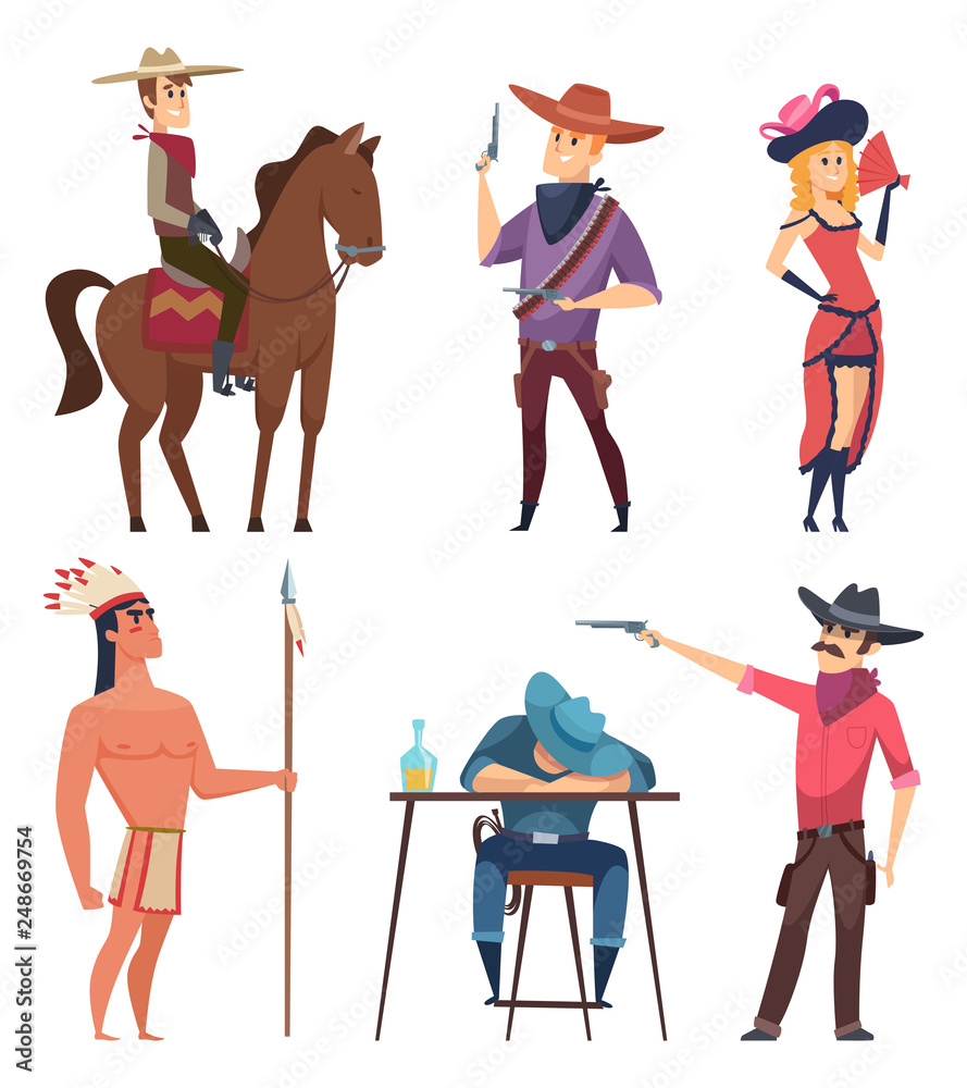 Cowboys characters. Wildlife western texas sheriff and country boys with  horse and lasso vector cartoon illustrations. West cowboy and woman,  indigenous indian Stock Vector | Adobe Stock