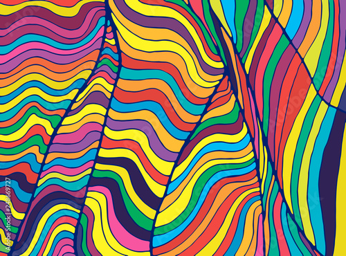 Psychedelic colorful  waves. Fantastic art with decorative texture. Surreal doodle pattern. Rainbow abstract pattern  maze wave of ornaments. Vector hand drawn illustration.