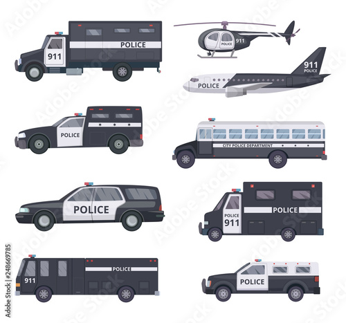 Police cars. Vehicle protection services automobiles vector transport. Illustration of police automobile security, auto emergency patrol with siren