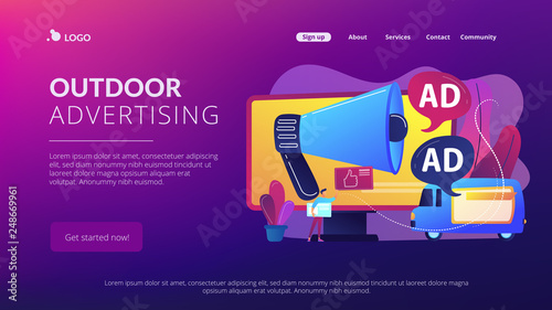 Marketer with outdoor advertisements from loudspeaker and on the van. Outdoor advertising design, out of home media, outdoor advertising concept. Website vibrant violet landing web page template.