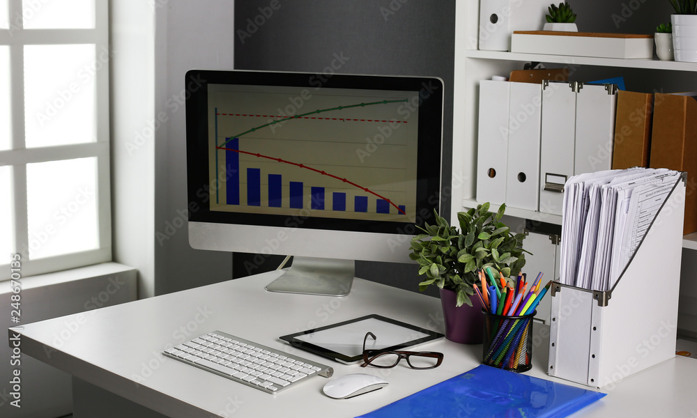 Workspace desktop, documents on the office table Workspace desktop, documents on the office table