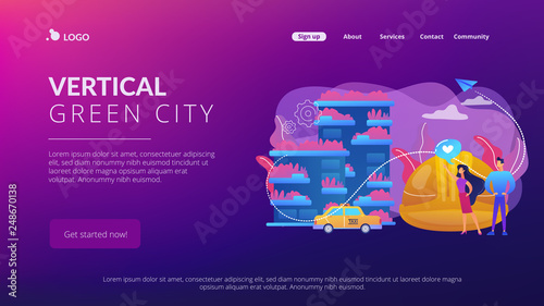 Business people like ecologic building with plants on balconies. Vertical green city, pollution fighting building, space-saving eco solution concept. Website vibrant violet landing web page template.