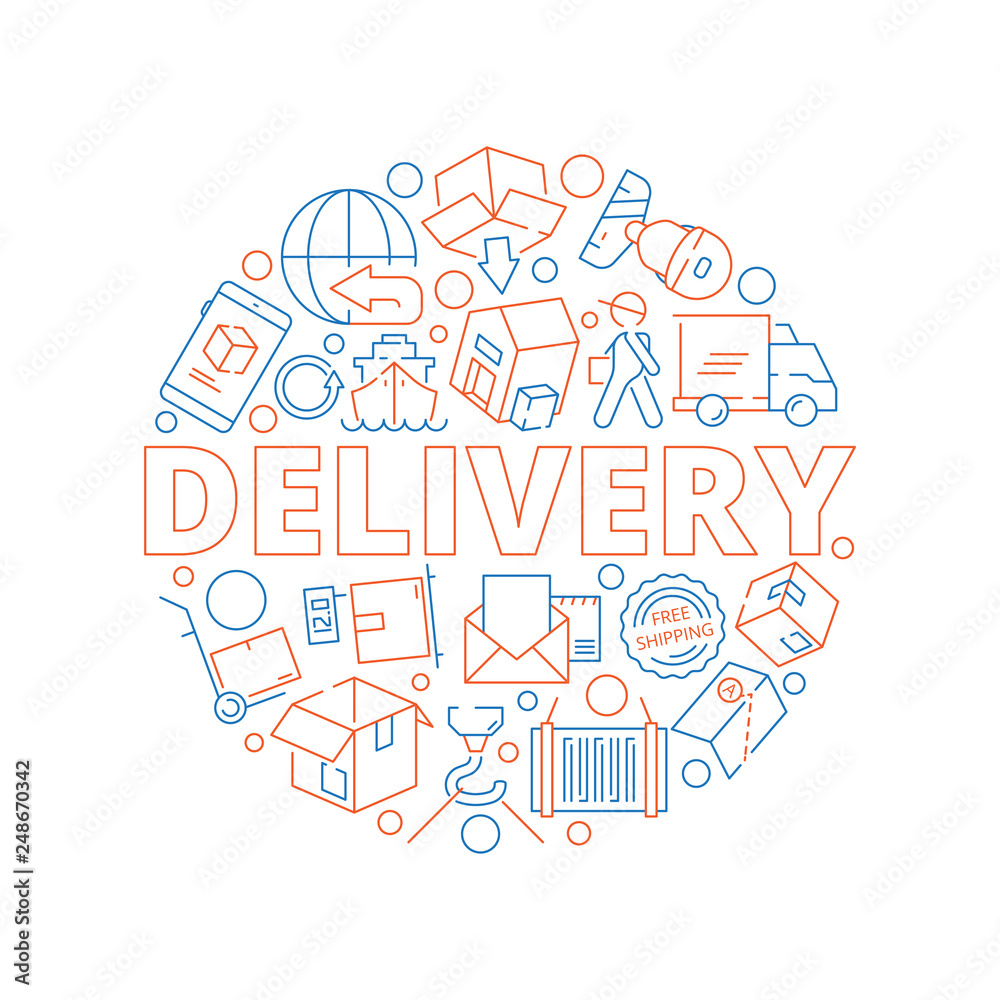 Logistic concept. Global delivery cargo service shipment thin line vector icon in circle shape. Illustration of delivery logistic, loading and delivering service