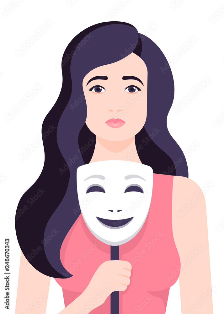The girl is crying and holding a smiling mask. Depression and melancholy. Vector flat illustration