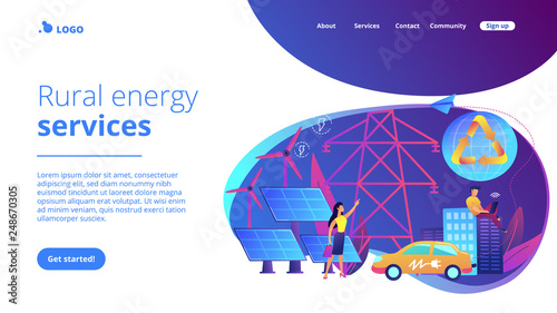 Business people use clean renewable electric energy in the city. Renewable energy, renewable power resources, rural energy services concept. Website vibrant violet landing web page template.