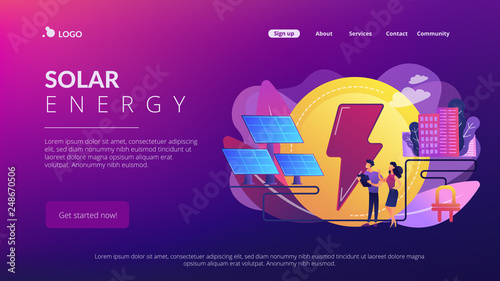 Businessmen use solar energy panels to produce electricity for the city. Solar energy, solar power plant, alternative source of electricity concept. Website vibrant violet landing web page template.