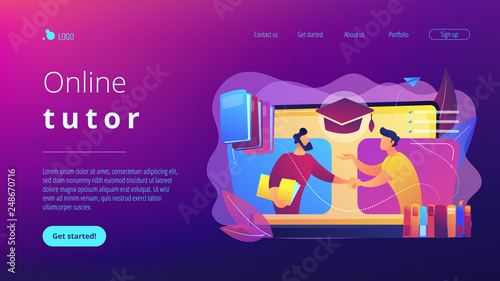 Teacher with books helping student at online lesson on laptop screen. Online tutor, on-demand homework help, english teacher online concept. Website vibrant violet landing web page template.