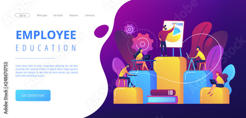Employees with laptops learning at professional trainig. Internal education, employee education, professional development program concept. Website vibrant violet landing web page template.