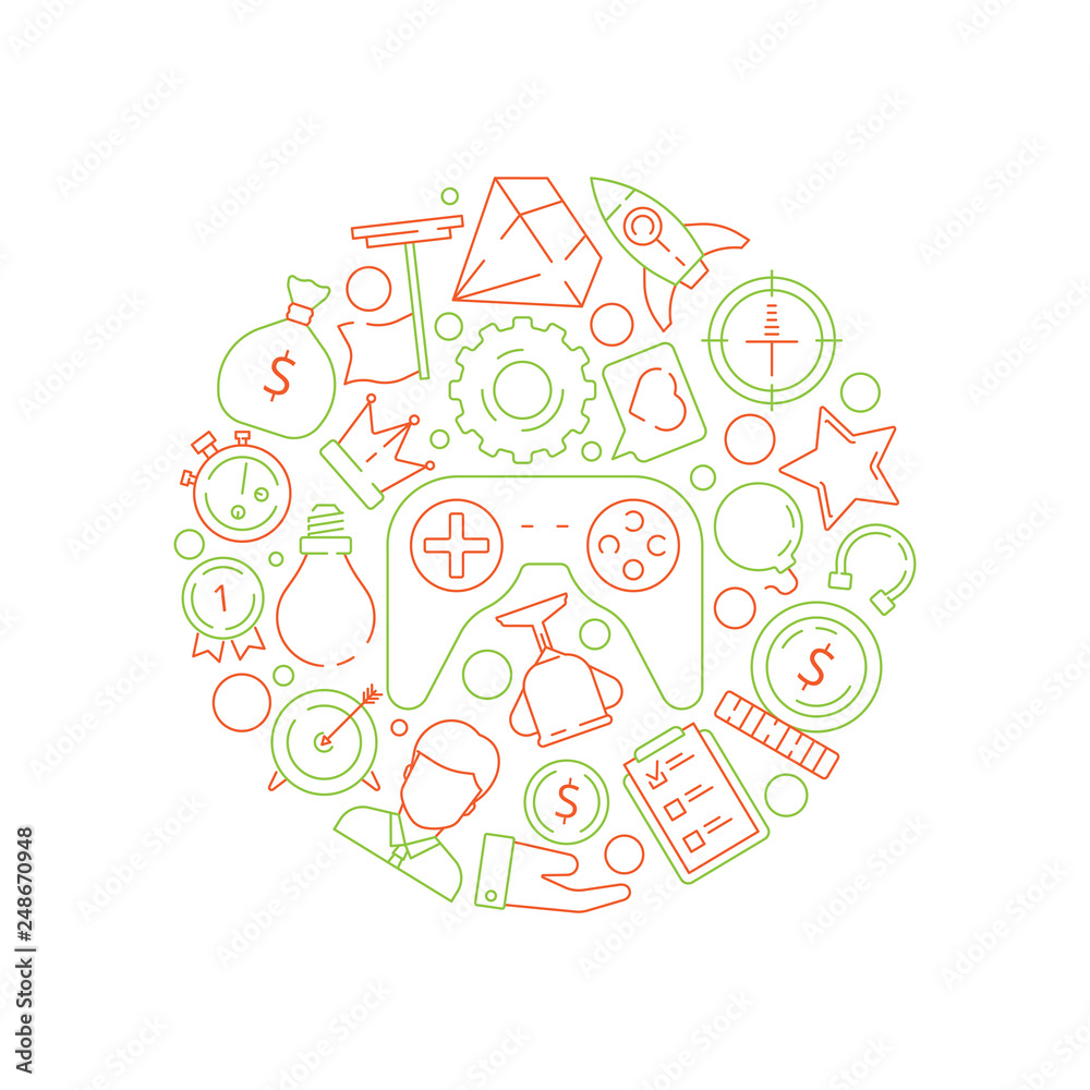 Gamification background. Gamification business concept achievement rules for work competitive challenge vector symbols in circle shape. Illustration prize gaming and competition gamification challenge