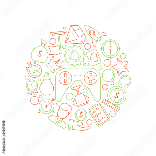 Gamification background. Gamification business concept achievement rules for work competitive challenge vector symbols in circle shape. Illustration prize gaming and competition gamification challenge