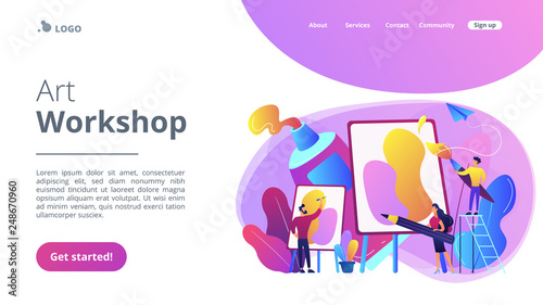 Group of people practicing new painting skills at painting workshop with equipment. Workshop, workshop session, practicing new skills concept. Website vibrant violet landing web page template.
