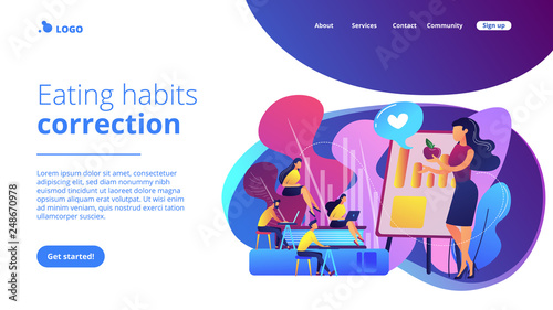 Food specialist talking about healthy eating habits. Health and nutrition workshop, eating habits correction, preventive children care concept. Website vibrant violet landing web page template.