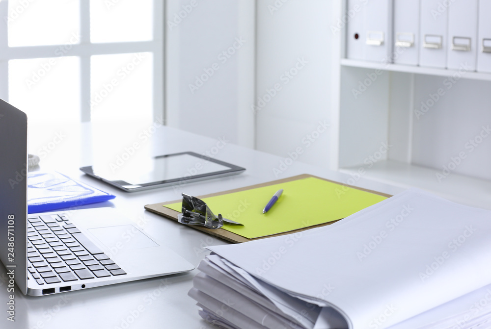 Fototapeta premium Workspace desktop, documents on the office table