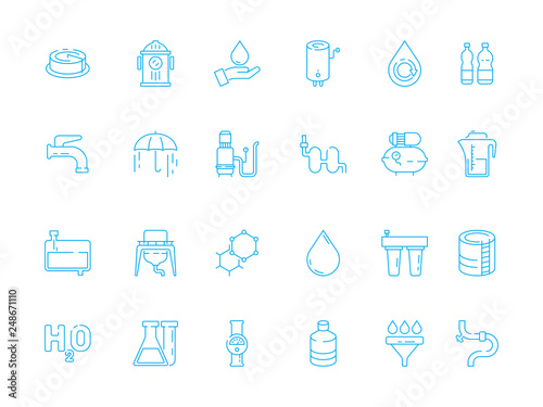 Water treatment. Purifier container filter tank glass clean fresh liquid water dispenser vector outline symbols. Tank with water, bottle and equipment container illustration