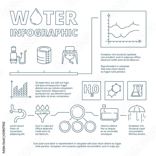 Water infographic. Liquid purification systems quality clean water business graphics diagrams charts vector infographic design template. Illustration of water system purification