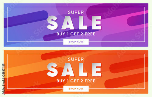 Set of two horizontal banners, orange and purple dual gradient background