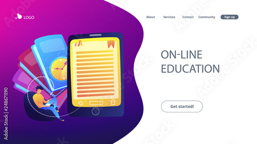 User reading ebook on tablet and books. Searchable digital library, education online, e-learning, easy access knowledge and transportation concept, violet palette. Website landing web page.