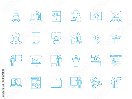 Business learning icon. Conference room manager presentation coaching team vector presentation symbols. Conference and presentation, business team training illustration