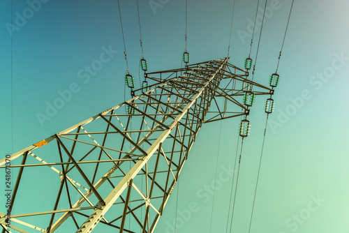 Electric power pylon and overhead lines tower used transmit electrical energy