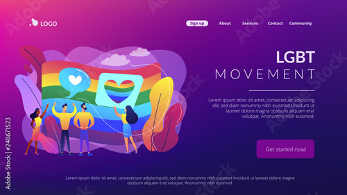 Rainbow coloured flag and LGBT community demonstration with hearts. Sexuality and gender identity, sexual orientation, LGBT movement concept. Website vibrant violet landing web page template.