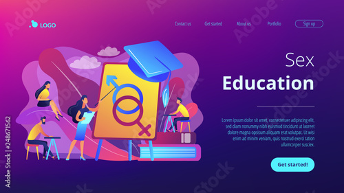 Female teacher at board giving a lesson on sexual education to students. Sex education, sexual health teaching, sex education lesson concept. Website vibrant violet landing web page template.