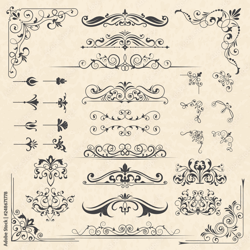 Calligraphy borders corners. Classic vintage ornament victorian old frames  vector design elements. Illustration of victorian border and vintage  filigree decoration Stock Vector | Adobe Stock