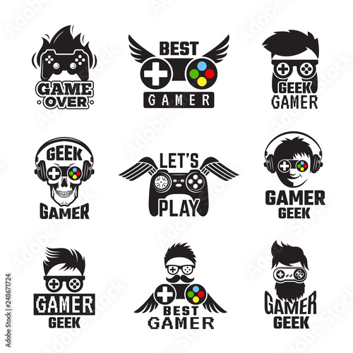 Video game badges. Joystick console controller for gaming geek vector labels. Joystick for video game, controller and gadget illustration
