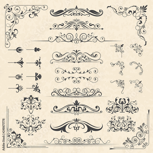 Calligraphy borders corners. Classic vintage ornament victorian old frames vector design elements. Illustration of victorian border and vintage filigree decoration
