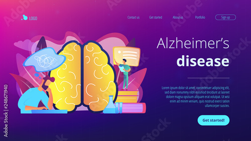 Patient with thought bubble and doctor examining brain. Alzheimer disease and dementia, dotage and memory loss concept on white background. Website vibrant violet landing web page template.