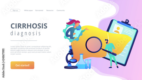 Doctors examining huge liver with magnifier and microscope. Cirrhosis, cirrhosis of the liver and liver disease concept on white background. Website vibrant violet landing web page template.
