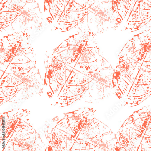 Seamless pattern with stamp red leaf on white background. Endless texture for nature design. Floral coral color print. Imprint of leaves. Textile design. Vector illustration