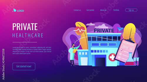 Doctor pointing at private healthcare center with medical services. Private healthcare, private medical services, health care center concept. Website vibrant violet landing web page template.