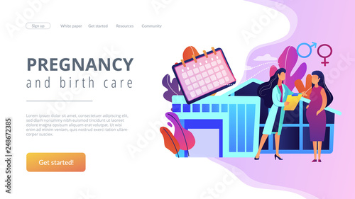 Doctor provides health services to pregnant woman and during labour. Maternity services  maternal perinatal health  pregnancy and birth care concept. Website vibrant violet landing web page template.