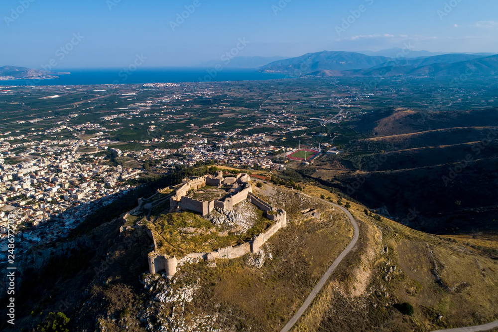 aerial view of Larisa castle in Argos city at Peloponnese peninsula, Greece