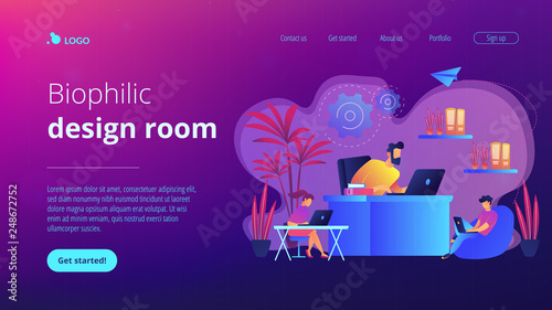 Business people working in modern eco-friendly office with plants and flowers. Biophilic design room, eco-friendly workspace, green office concept. Website vibrant violet landing web page template.