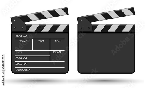 Clapperboard  devices for using in cinematography.  3D vector. High detailed realistic illustration
