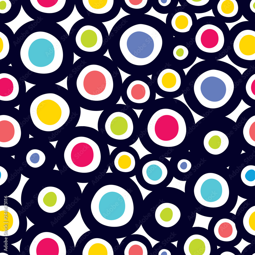 Decorative abstract polka dots in the style of the 60s.  Cheerful polka dot vector seamless pattern. Can be used in textile industry, paper, background, scrapbooking.