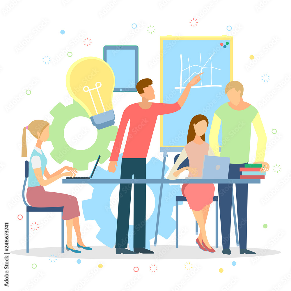 Team - flat design style colorful illustration on white background. A composition with cute characters, office workers or businessmen working at computers. Vector