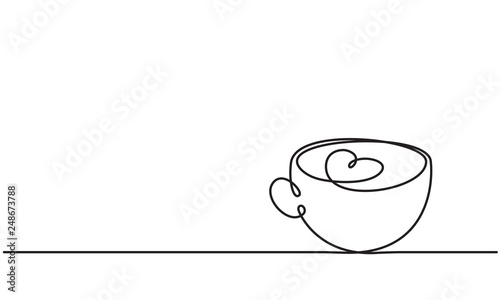 Сup and heart. Coffee latte, tea.  Drawing by a continuous line