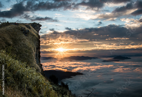 Beautiful view of sunrise at Phu Chi Fa in Chiang rai, Thailand