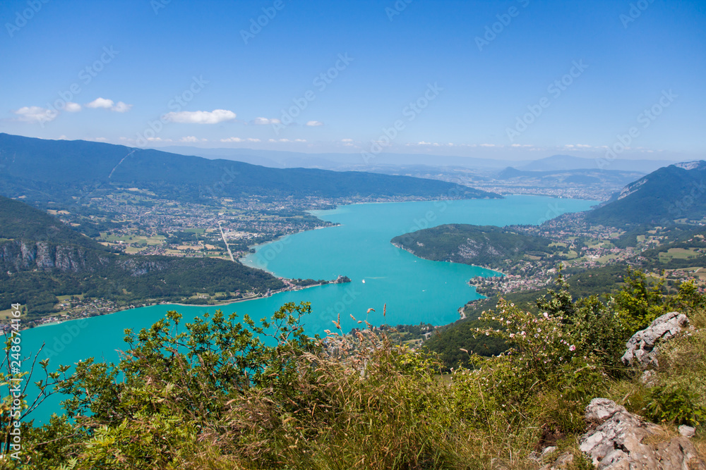 Altitude Panorama over Annecy Lake and French Haute Savoie Valley on a Sunny Summer Day