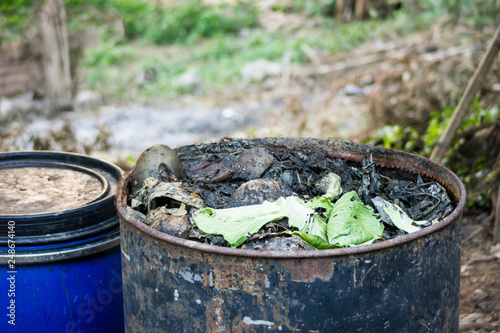 Fertilizer fermentation tanks, vegetables left over from cooking. photo