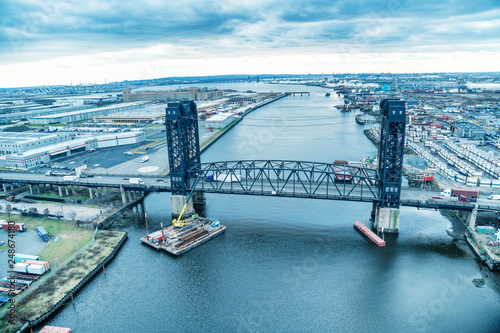 Bridge on Hackensack River, aerial view of Jersey City