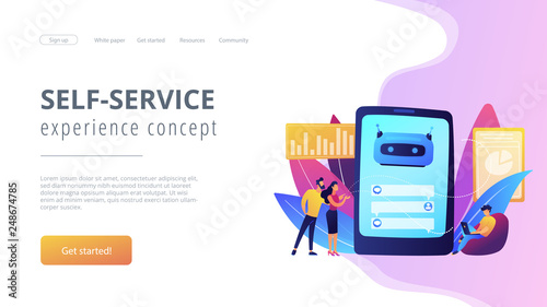 Customers chat with chatbot on smartphone screen with speech bubbles. Customer service chatbot, e-commerce chatbot, self-service experience concept. Website vibrant violet landing web page template.