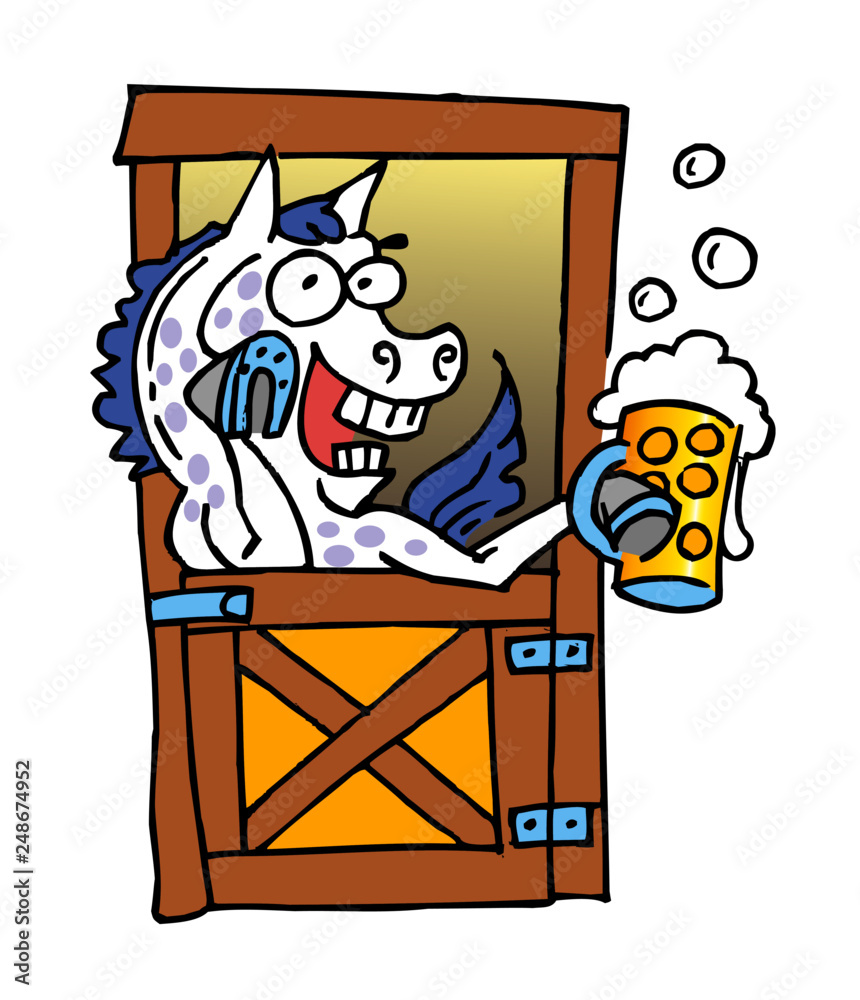 Crazy horse drinks beer in the horse stable cartoon joke Stock Vector Adobe Stock