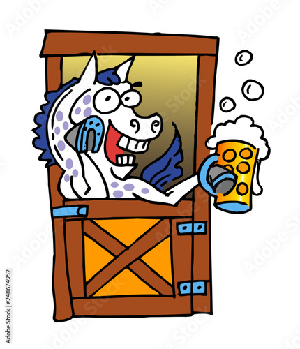 Crazy horse drinks beer in the horse stable cartoon joke