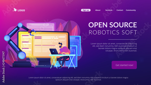 Open automation architecture, open source robotics soft, free development concept. Website vibrant violet landing web page template.