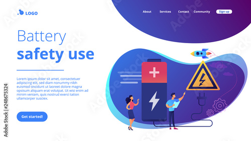 Engineers make recharging battery safe with plug and high voltage warning sign. Safety battery, protected energy device, battery safety use concept. Website vibrant violet landing web page template.